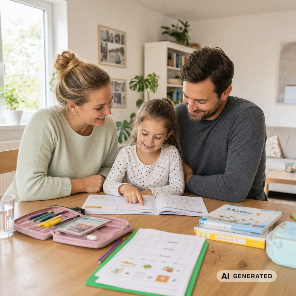Familie begleitet ein Kind beim Lernen am Tisch – passend zu Systema Lerntherapie & Familienberatung.