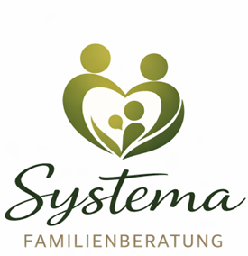 Logo von Systema Familienberatung mit stilisierter Familie in Herzform und dem Slogan „Raum für Entwicklung und Beziehung“.