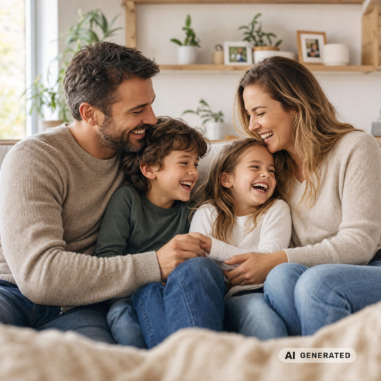 Lachende Familie sitzt gemeinsam auf dem Sofa – passend zum Thema Systema Familienberatung.